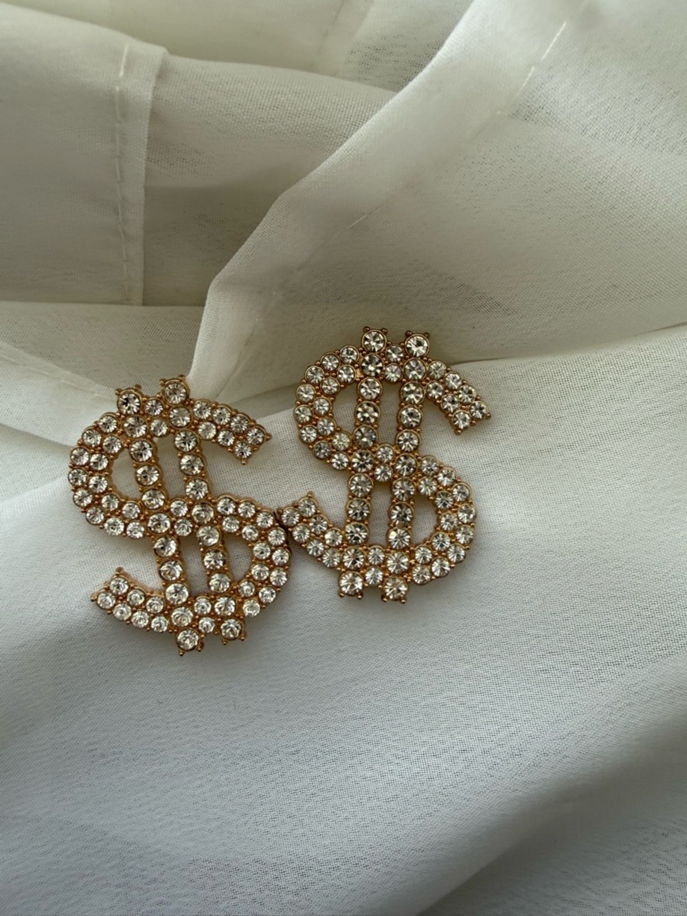 Gold Crystal Dollar Sign Earrings - Sparkling Gold Tone